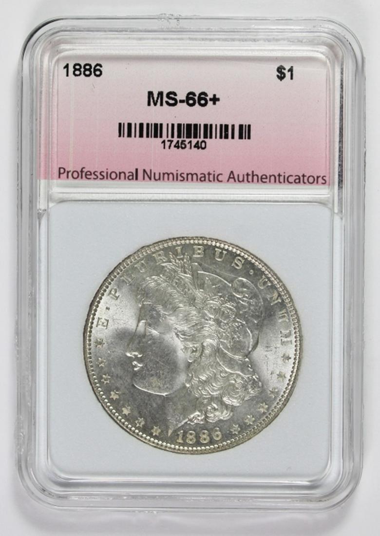 1886 MORGAN SILVER DOLLAR: PNA MS 66+. BLAST WHITE. ESTIMATE: $325-$375