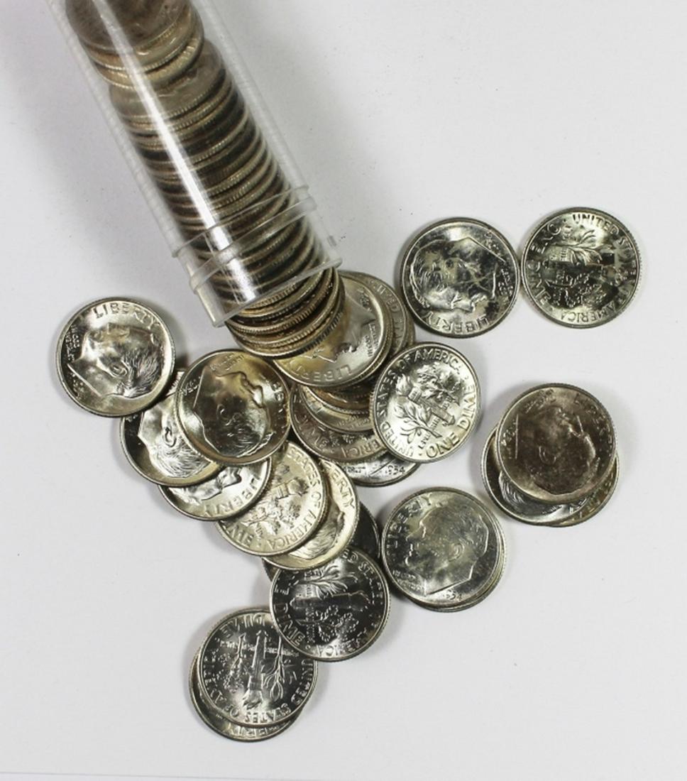 1954-S ROOSEVELT SILVER DIME ROLL: 50 COINS TOTAL. SUPERB ORIGINAL GEM BU. ESTIMATE: $275-$350