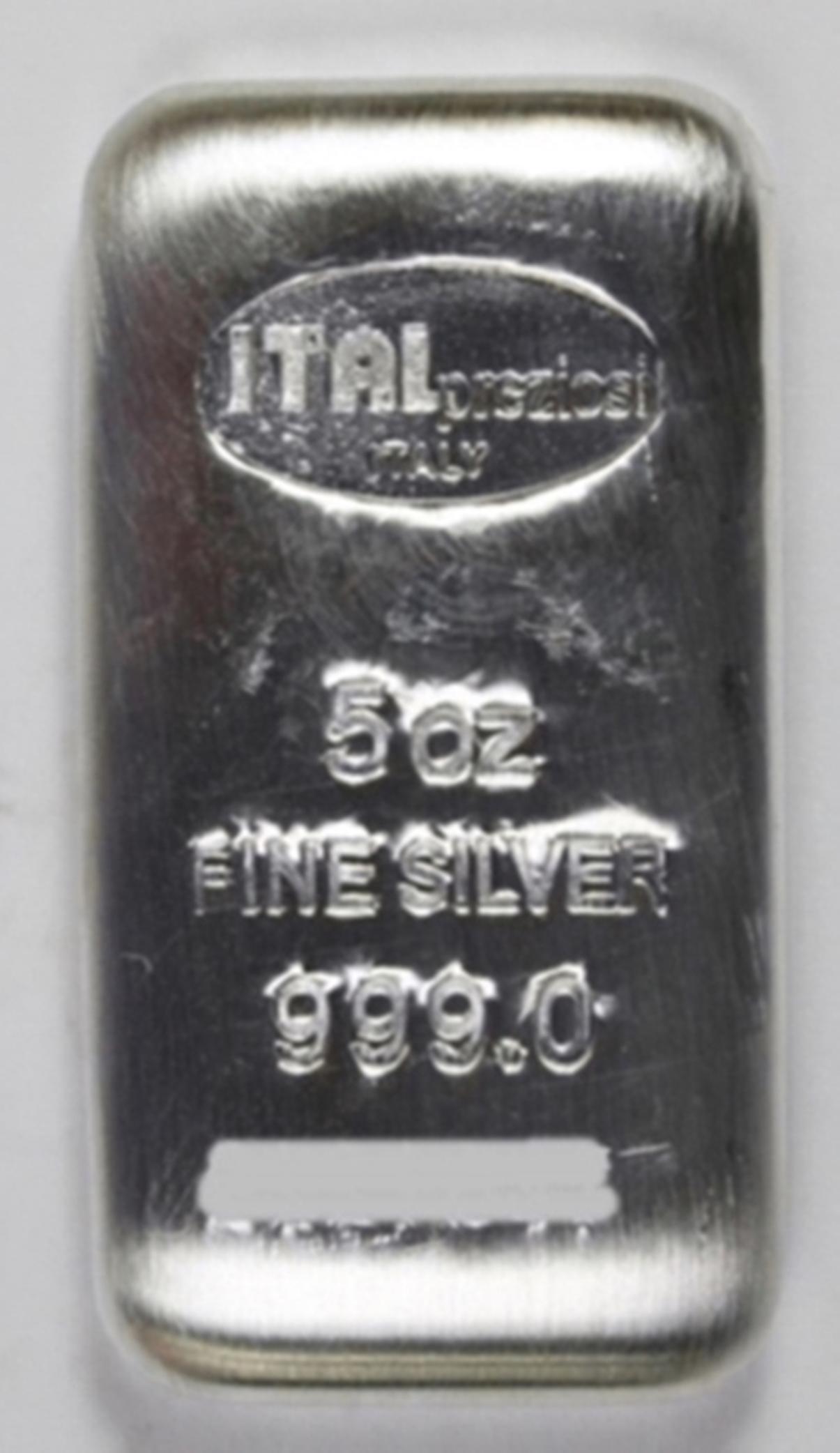 5 OZ SILVER BAR: .999 PURE SILVER. ESTIMATE: $225-$275