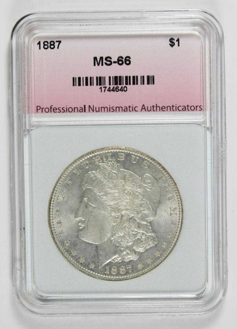 1887 MORGAN SILVER DOLLAR: PNA MS 66 BLAST WHITE. ESTIMATE: $300-$400
