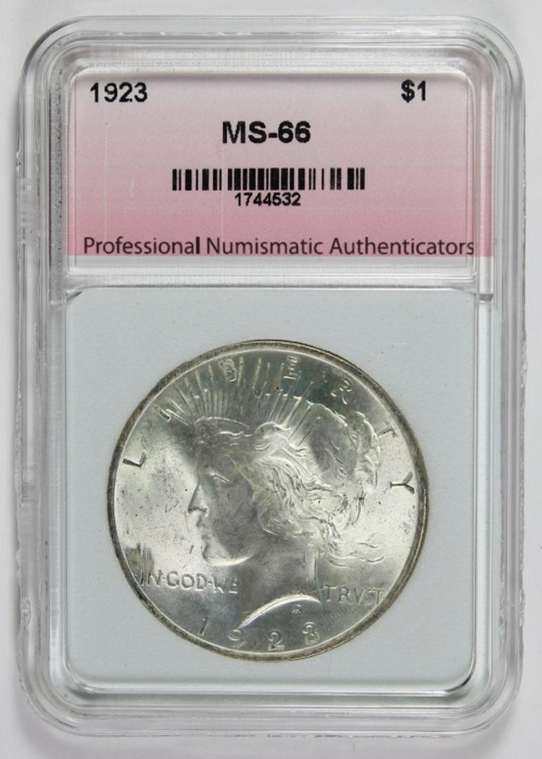 1923 PEACE SILVER DOLLAR: PNA MS 66. BLAST WHITE. ESTIMATE: $325-$400