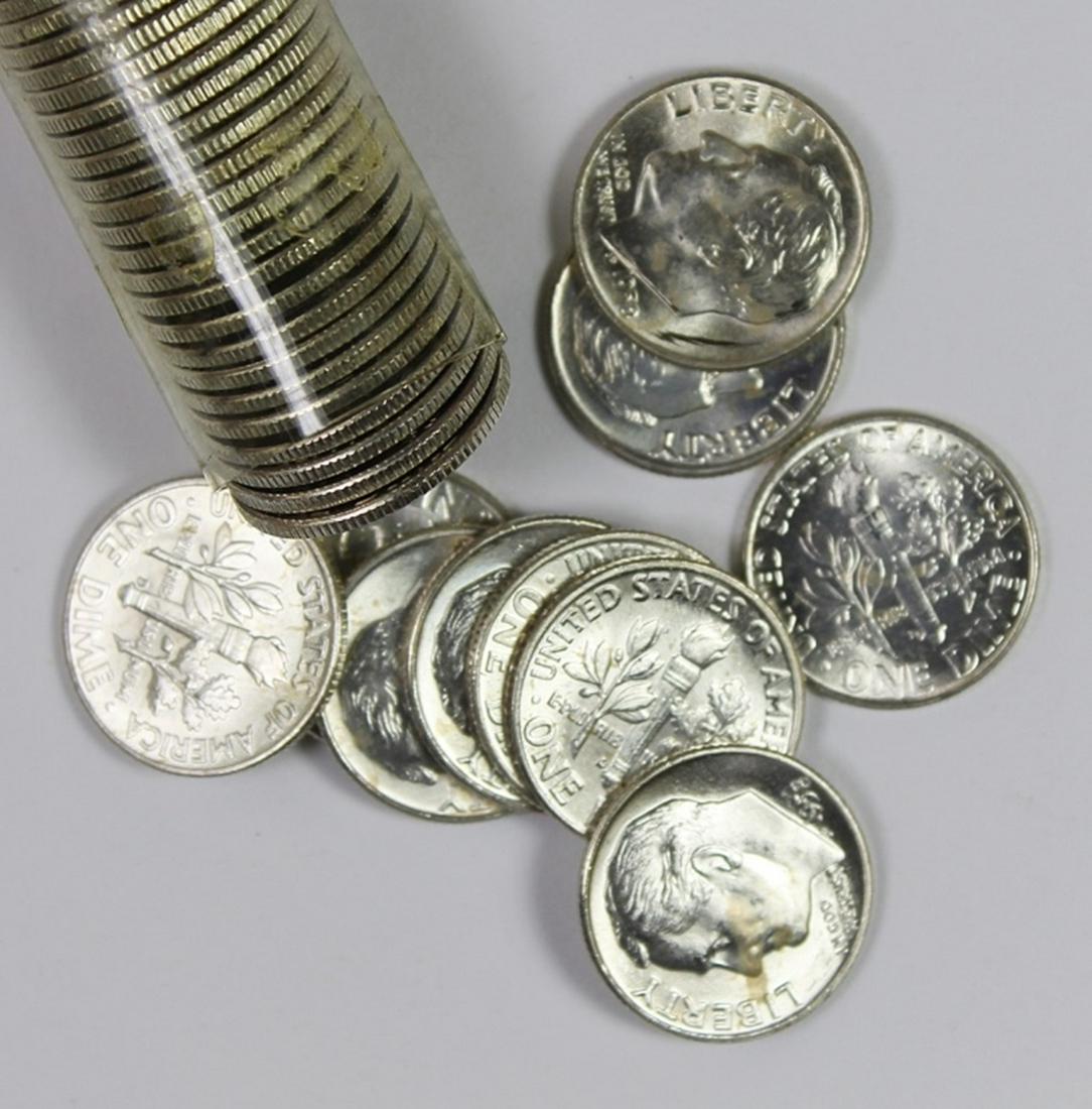 1958-D ROOSEVELT SILVER DIME ROLL: 50 COINS TOTAL. SUPERB ORIGINAL GEM BU. ESTIMATE: $225-$275