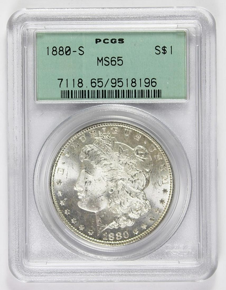 1880-S MORGAN SILVER DOLLAR: PCGS MS 65 GREEN LABEL, VERY UNDER-GRADED, LOOKS MS 66+ BLAST WHITE. ESTIMATE: $300-$350