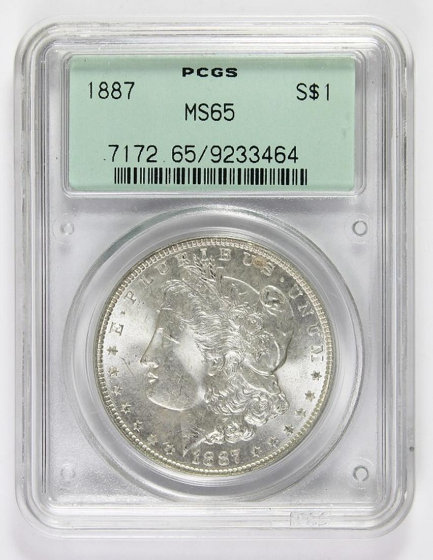 1887 MORGAN SILVER DOLLAR: PCGS MS 65 GREEN LABEL, VERY UNDERGRADED, AT LEAST MS 66 BLAST WHITE. ESTIMATE: $300-$350