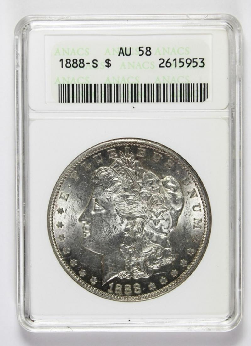 1888-S MORGAN SILVER DOLLAR: ANACS AU 58. NICE! ESTIMATE: $375-$450