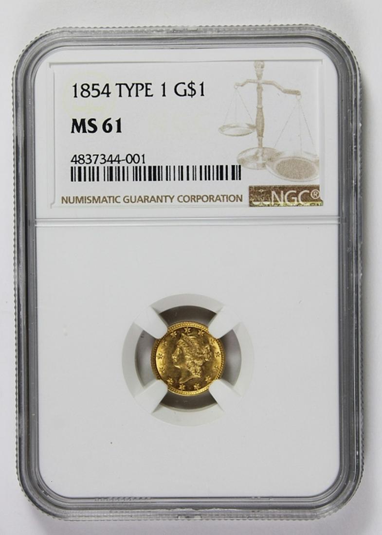 1854 TYPE 1 $1 GOLD: NGC MS 61 NICE. ESTIMATE: $650-$750