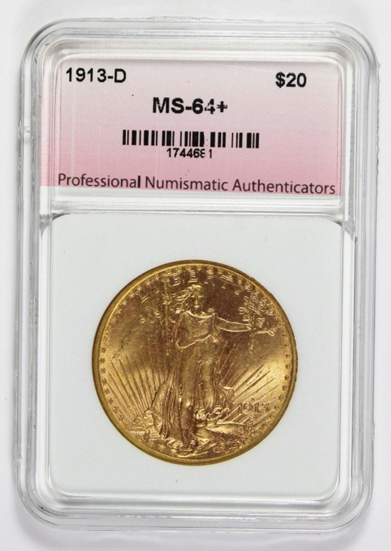 1913-D $20 ST GAUDEN'S GOLD: PNA MS 64+. VERY NICE! ESTIMATE: $2750-$3000