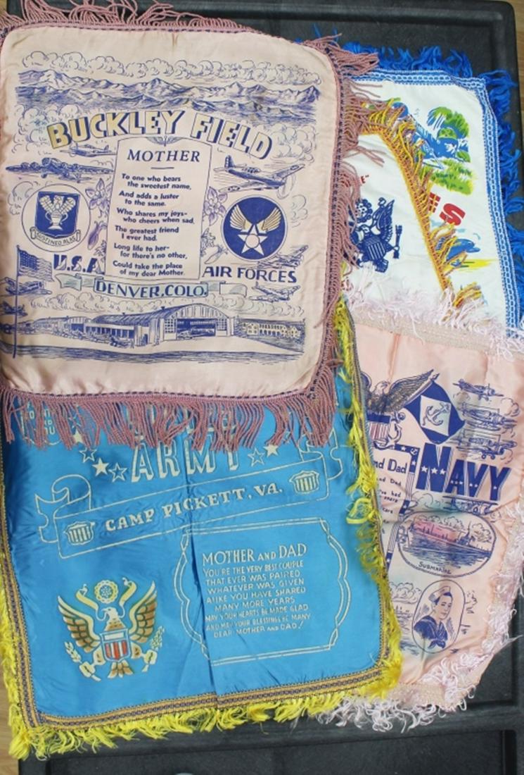 (5) 18X20 VINTAGE BANNERS: US ARMY - CAMP JOS. T ROBINSON ARKANSAS MOTHER AND DAD, U.S. MARINES - CAMP PENDLETON, CALIFORNIA MOTHER AND DAD, U.S. NAVY - SAN DIEGO, CALIFORNIA MOTHER AND DAD, U.S. AIR FORCE - BUCKLEY FIELD DENVE