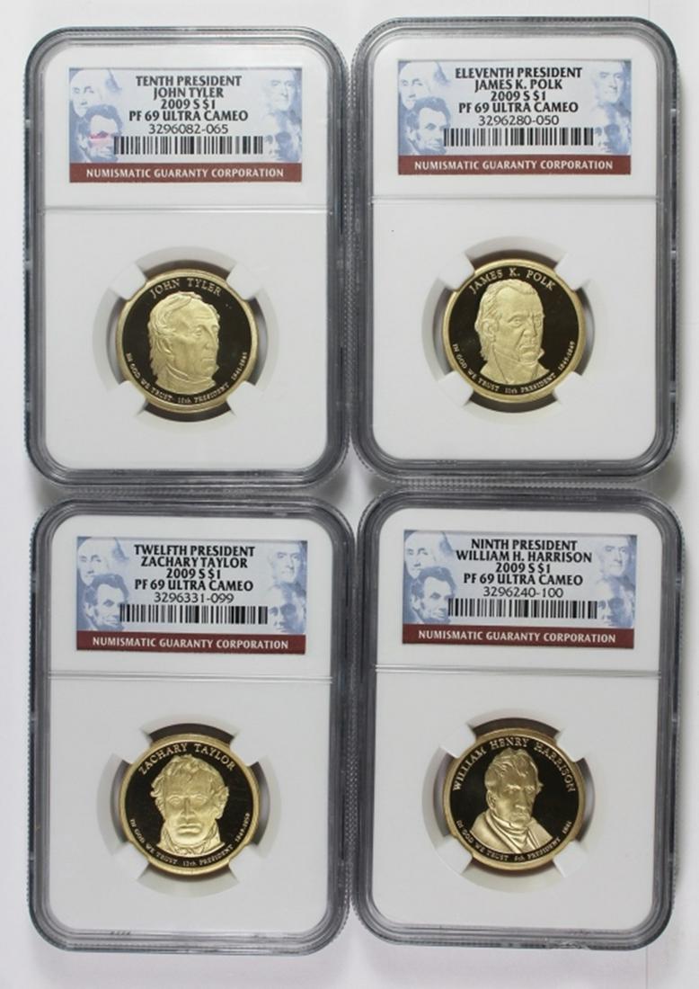 (4) NGC GRADED 2009-S PRESIDENTIAL DOLLARS: ALL GRADED PF 69 U.C. JOHN TYLER, JAMES POLK, WILLIAM HARRISON AND ZACHARY TYLER. ESTIMATE: $100-$150