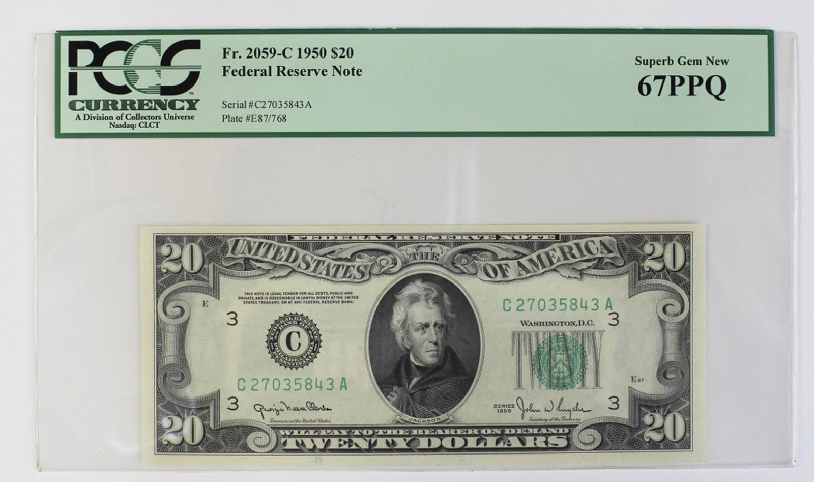FR 2059-C 1950 $20: PCGS 67 PPQ. ESTIMATE: $225-$300