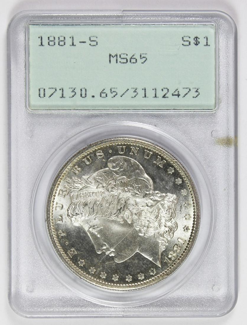 1881-S MORGAN SILVER DOLLAR: PCGS MS 65 RATTLER HOLDER, BLAST WHITE, TRUE GRADE MS 66-67. BEAUTIFUL! ESTIMATE: $350-$450