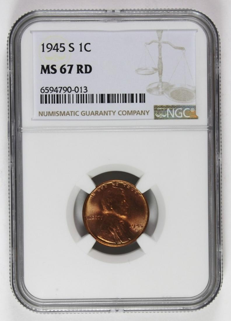 1945-S LINCOLN CENT: NGC MS 67 RED. SUPER! ESTIMATE: $100-$150