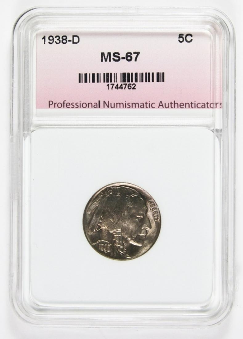 1938-D BUFFALO NICKEL: PNA MS 67 SUPER! ESTIMATE: $200-$250
