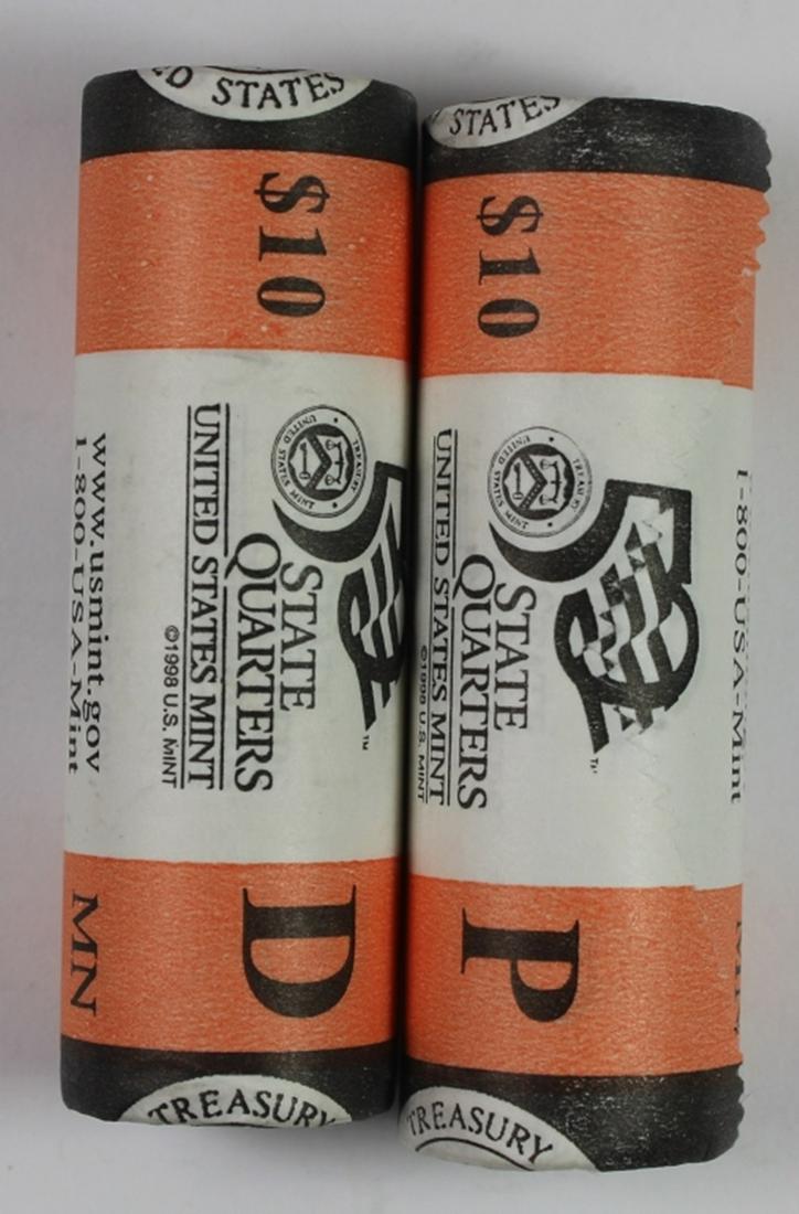(2) MINNESOTA STATEHOOD QUARTER ROLLS: 40 COINS PER ROLL. P & D MINT MARKS. UNOPENED AND IN ORIGINAL U.S. MINT. BU COINS! ESTIMATE: $40-$60