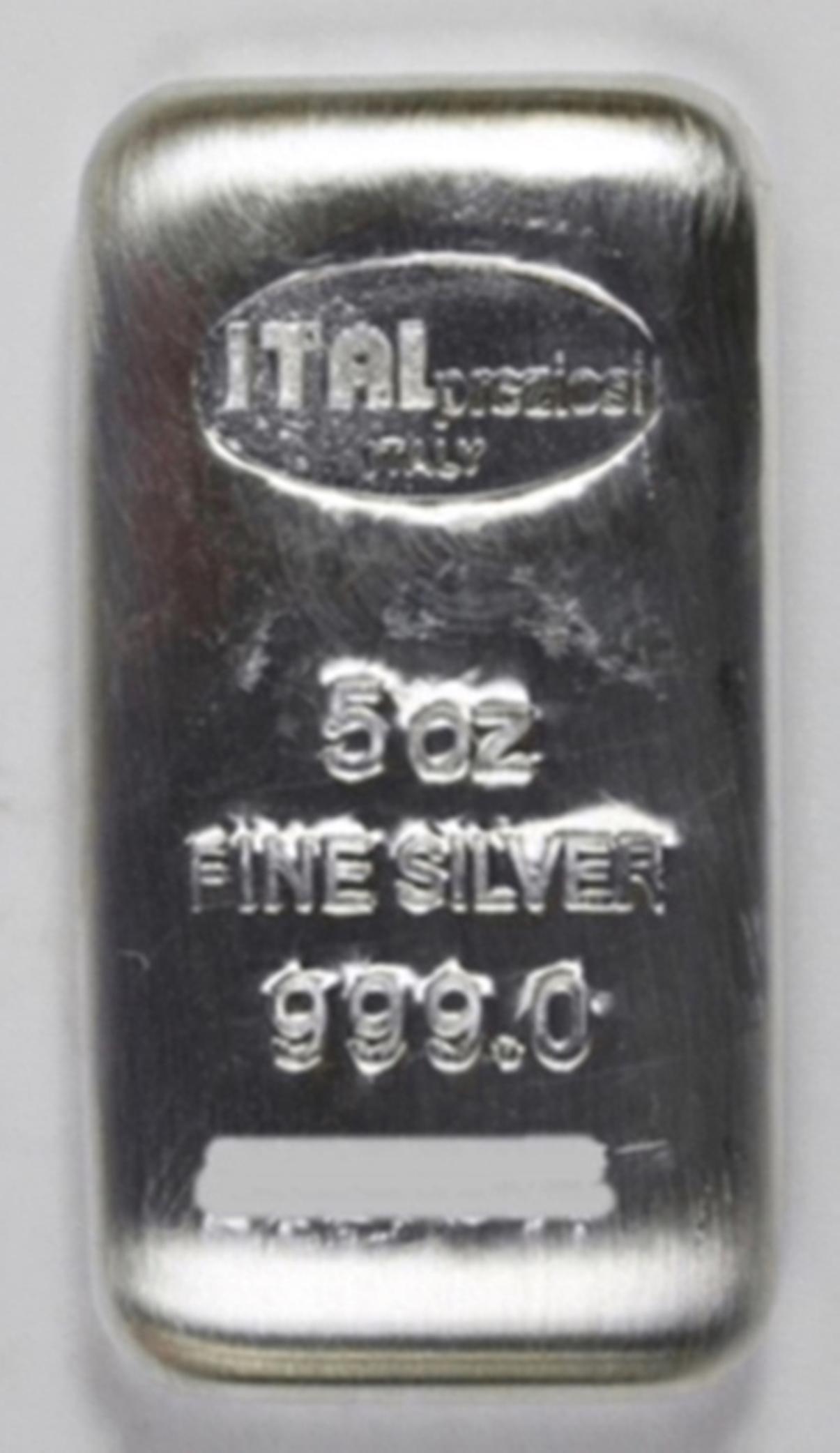 5 OZ SILVER BAR: .999 PURE SILVER. ESTIMATE: $225-$275