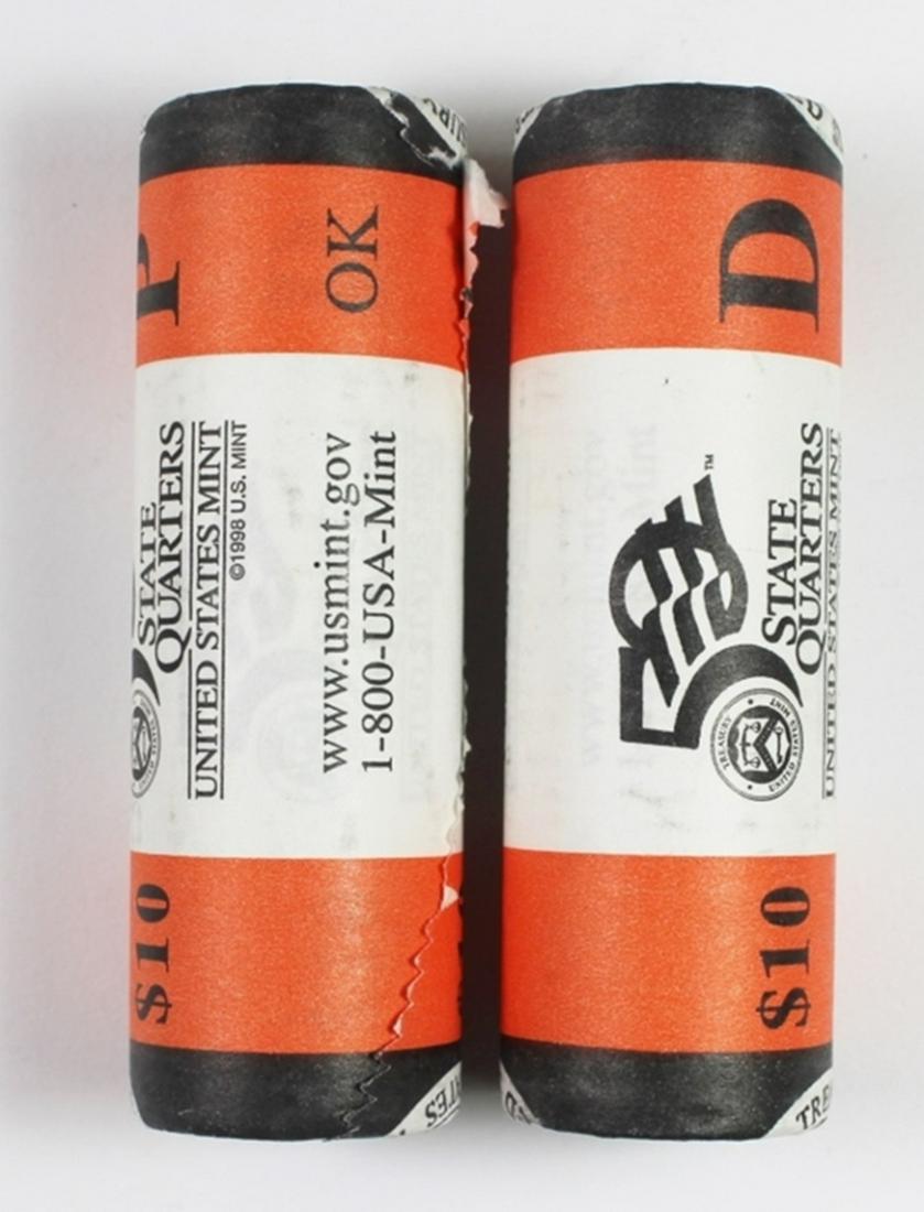 (2) 2008 OKLAHOMA STATEHOOD QUARTER ROLLS: ORIGINAL MINT ROLL. UNOPENED. P & D MINT MARKS. BU COINS! ESTIMATEA: $40-$60