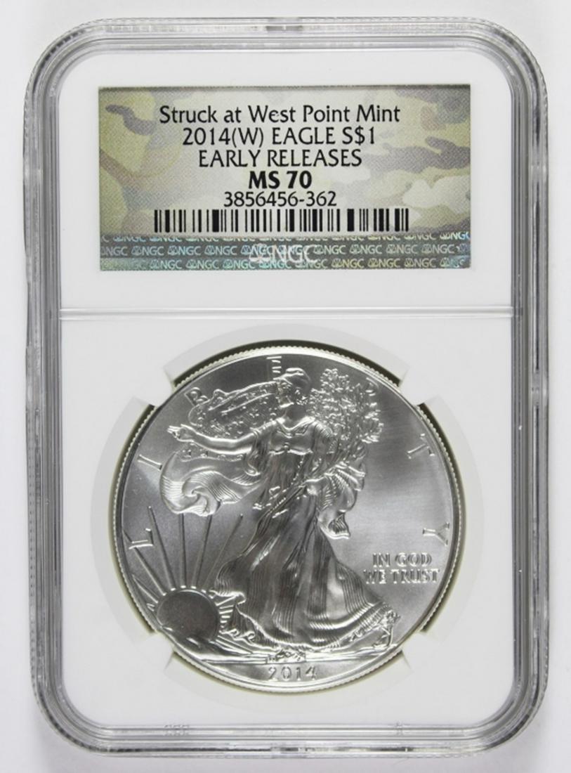 2014-W AMERICAN SILVER EAGLE: NGC MS 70. EARLY RELEASE. ESTIMATE: $110-$150