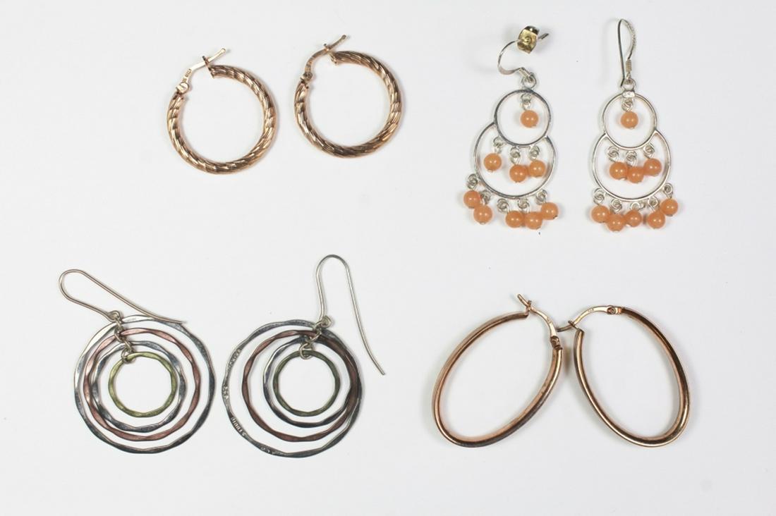 (4) PAIRS OF STERLING SILVER EARRINGS: ROSE-GOLD AND MULTI-METAL TONES. (1) STAMPED MILOR. FOR PIERCED EARS. 20.8 GRAMS TOTAL. ESTIMATE: $50-$75