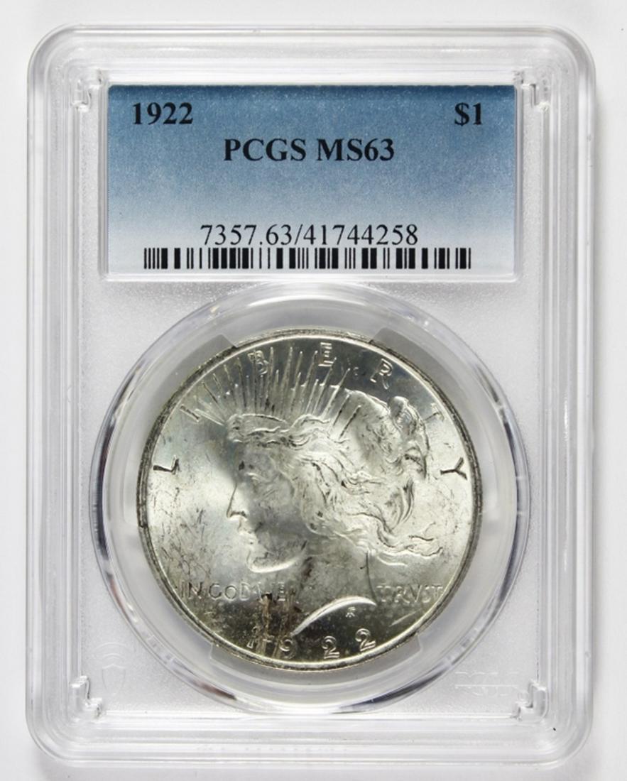 1922 PEACE SILVER DOLLAR: PCGS MS 63 BLAST WHITE! ESTIMATE: $80-$125