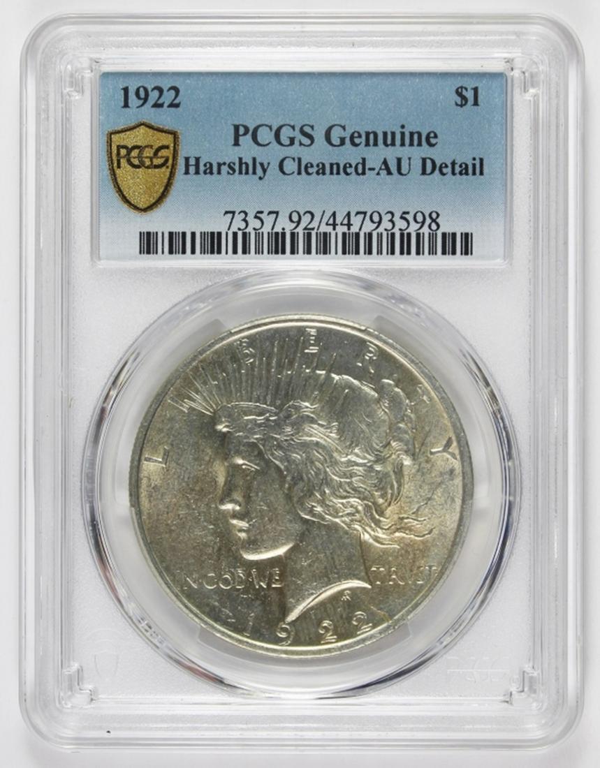 1922 PEACE SILVER DOLLAR: PCGS AU DETAIL. HARSHLY CLEANED. ESTIMATE: $50-$75
