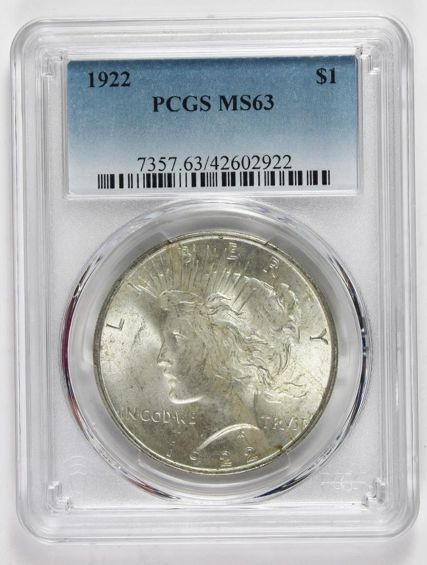 1922 PEACE SILVER DOLLAR: PCGS MS 63. BLAST WHITE! SUPER! ESTIMATE: $85-$125