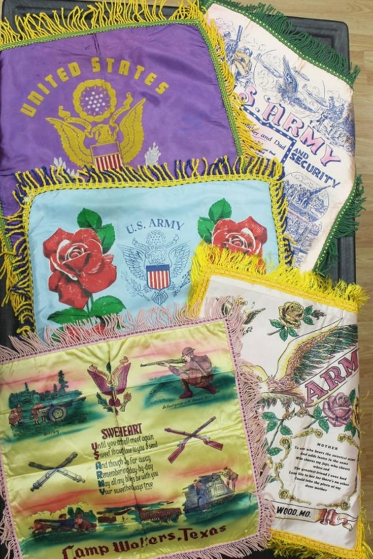 5 VINTAGE BANNERS: CAMP WOLTERS, TEXAS "SWEETHEART" - US ARMY, FORT LEONARD WOOD, MO "MOTHER - US ARMY "SISTER" - US ARMY, FORT RILEY, KANSAS - US ARMY FORT F.E.WARREN, WYO FOR FREEDOM AND SECURITY "MOTHER AND DAD" ESTI