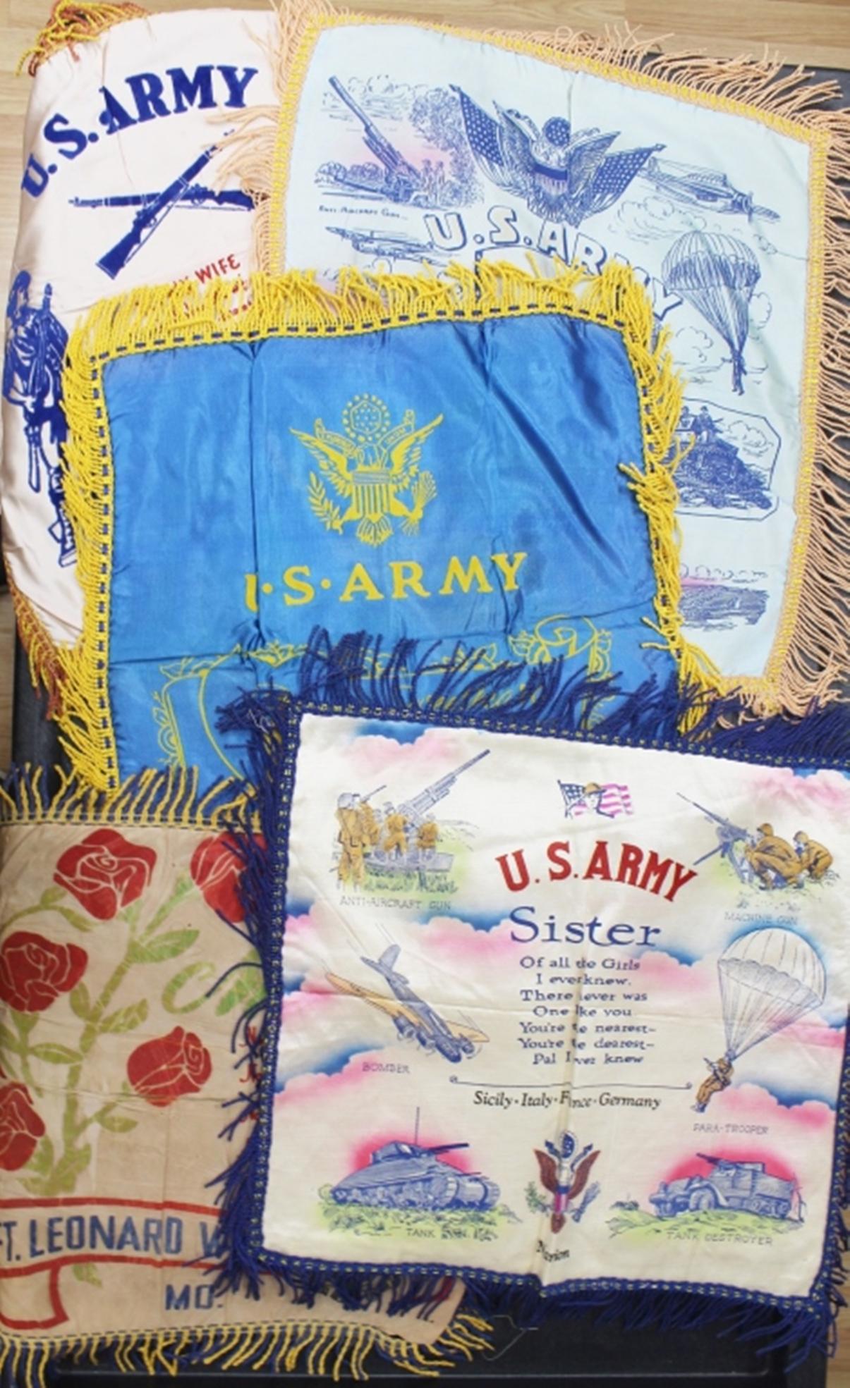 5 VINTAGE BANNERS: US ARMY CAMP GORDON AUGUSTA GA "WIFE" - US ARMY "SISTER" - US ARMY CAMP McCOY, WIS "SWEETHEART" - US ARMY MARION, SICILY, ITALY, FRANCE, GERMANY "SISTER" - US ARMY FT LEONARD. MO "MOTHER" ESTIMATE $50