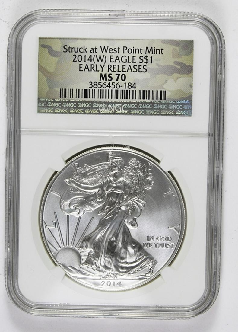 2014-W AMERICAN SILVER EAGLE: NGC MS 70. EARLY RELEASE. ESTIMATE: $100-$150