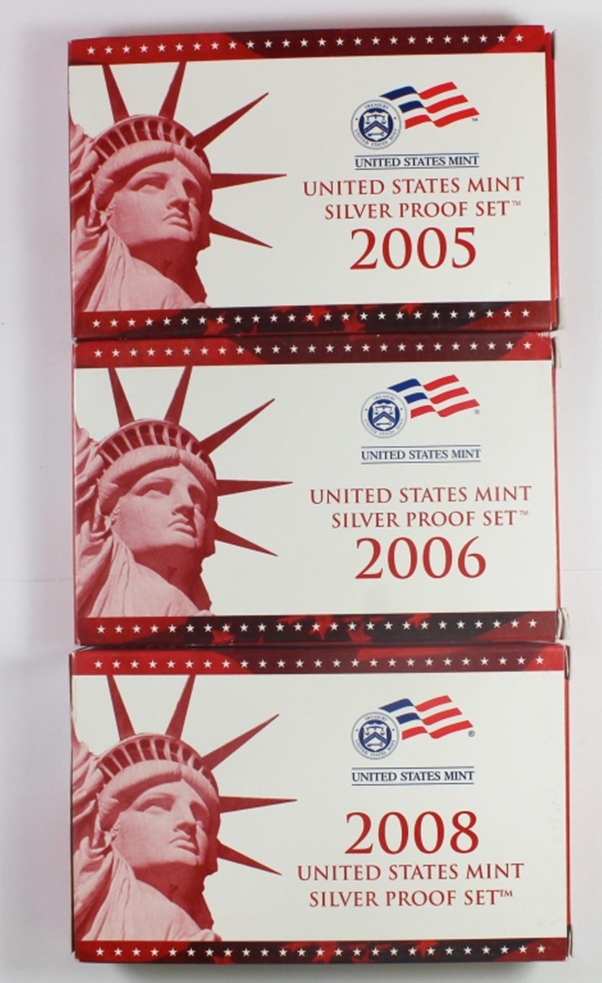 (3) SILVER PROOF SETS: 2005-S, 2006-S AND 2008-S. ORIGINAL GOVERNMENT PACKAGING. ESTIMATE: $150-$200