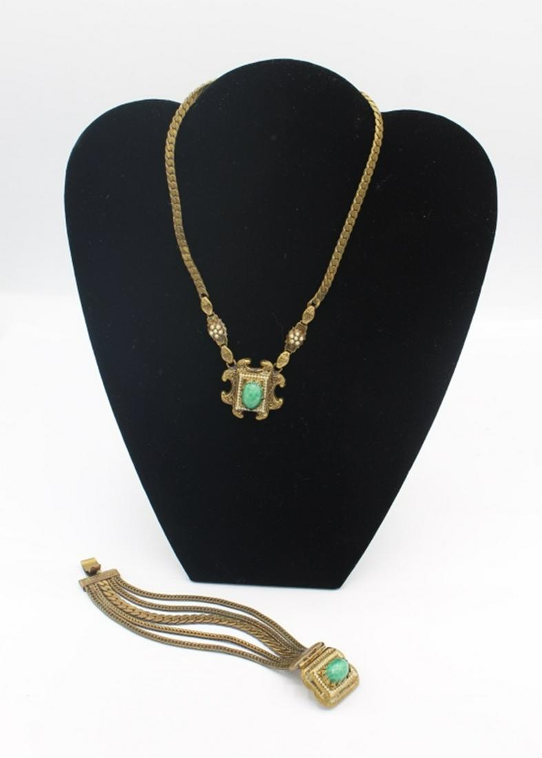 ANTIQUE SET OF PENDANT AND BRACELET: RARE FIND! EDWARDIAN MATCHING SET WITH SEED PEARLS AND GREEN TURQUOISE. BRACELET MEASURES 6.5". PENDANT MEASURES 16". PINCHBECK. ESTIMATE: $150-$200