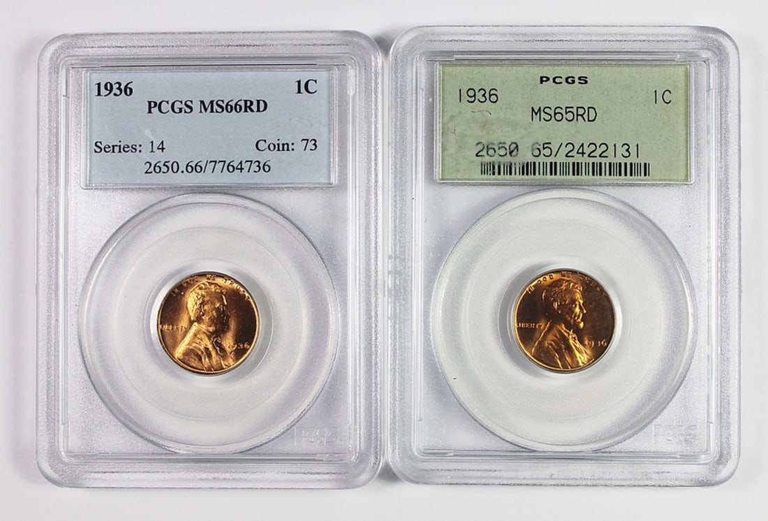 (2) 1936 PCGS GRADED LINCOLN CENTS: 1936 PCGS MS 65 RD GREEN LABEL AND 1936 PCGS MS 66 RD. ESTIMATE: $80-$125