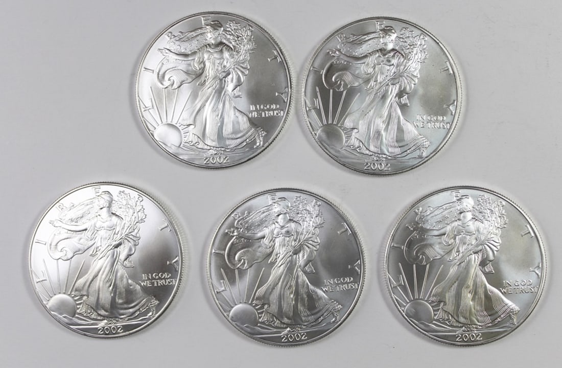 (5) 2002 AMERICAN SILVER EAGLES (1 of 1)
