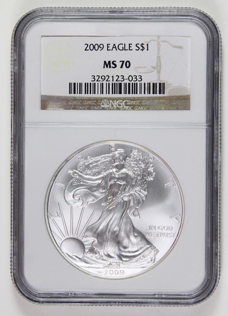 2009 AMERICAN SILVER EAGLE: NGC MS 70. ESTIMATE: $100-$150
