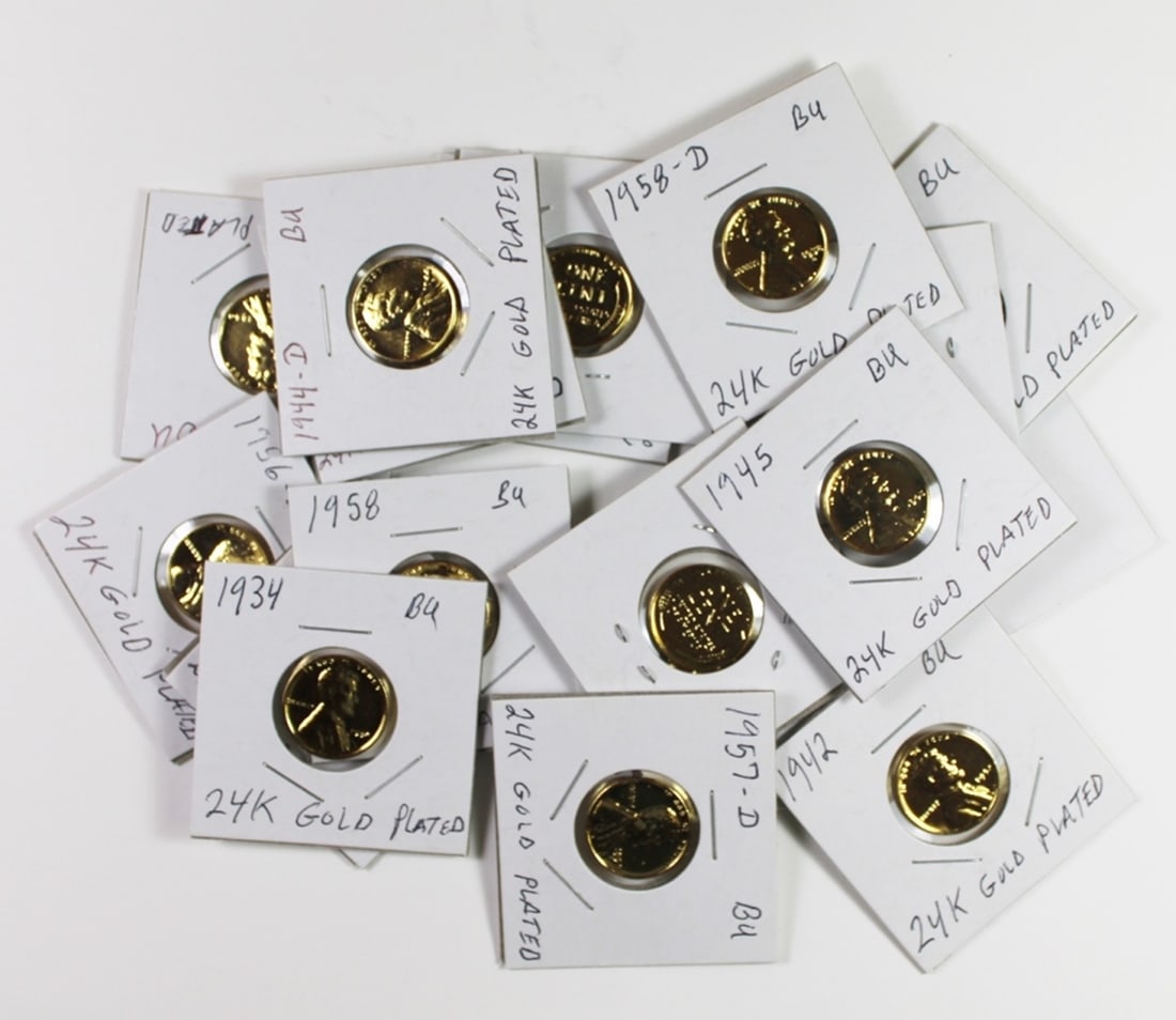 (18) GOLD PLATED LINCOLN WHEAT CENTS: BU COINS. 1945, 1940, 1942, 1934, 1957-D, (2) 1958-D, (2) 1952-D, (2) 1956-D, 1955-D, 1949-D, 1958, 1944-D, 1953-D, 1957-D AND 1941. ESTIMATE: $30-$50