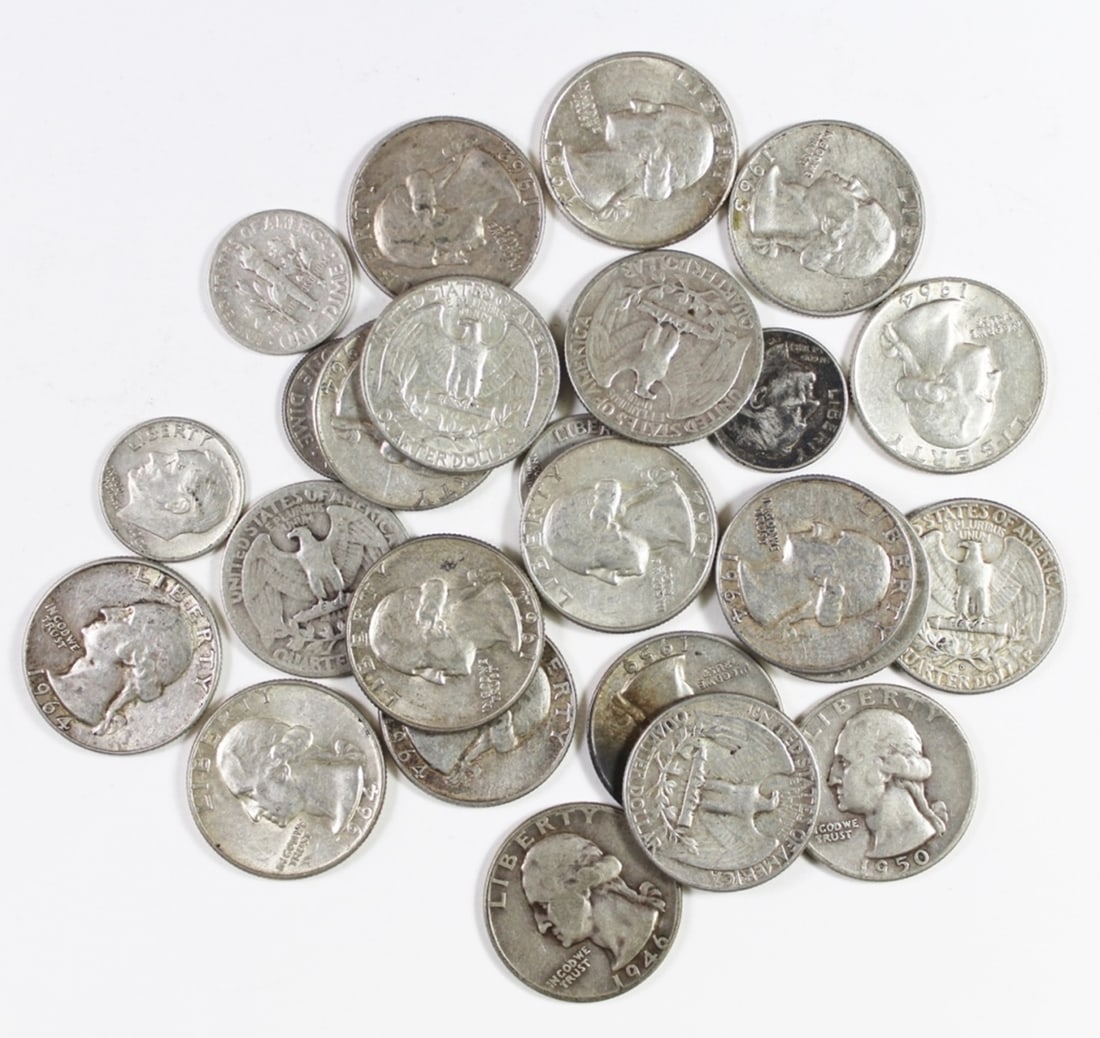 $5.50 FACEVALUE 90% SILVER: A MIX OF QUARTERS AND DIMES. ESTIMATE: $100-$150