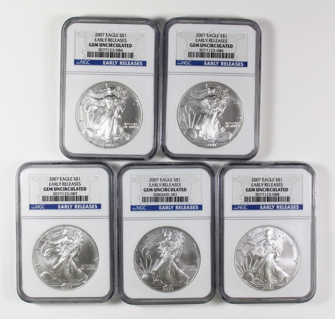 (5) 2007 AMERICAN SILVER EAGLES (1 of 1)