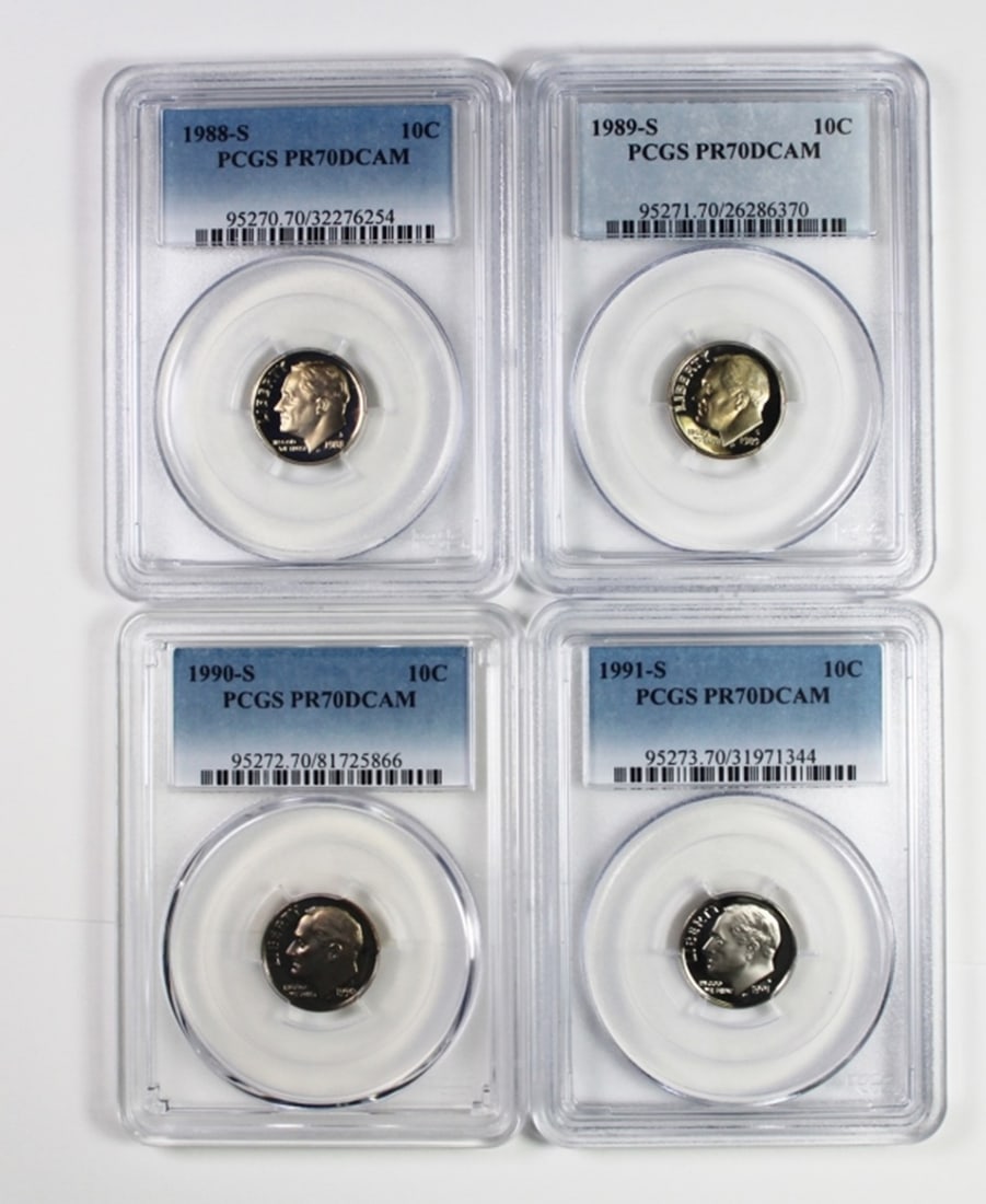 (4) PCGS GRADED ROOSVELT DIMES: ALL ARE PCGS PR 70 DCAM. 1988-S, 1989-S, 1990-S AND 1991-S. ESTIMATE: $100-$150