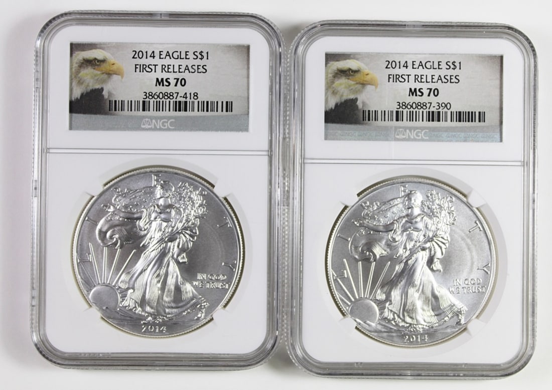 (2) 2014 AMERICAN SILVER EAGLES: NGC MS 70. FIRST RELEASES. ESTIMATE: $150-$200