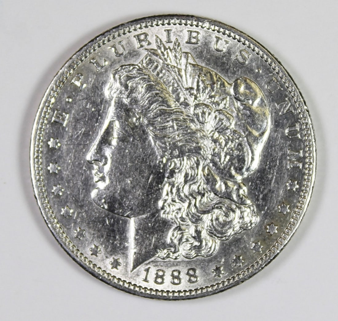1888-S MORGAN SILVER DOLLAR: AU 55. BLAST WHITE! ESTIMATE: $200-$300