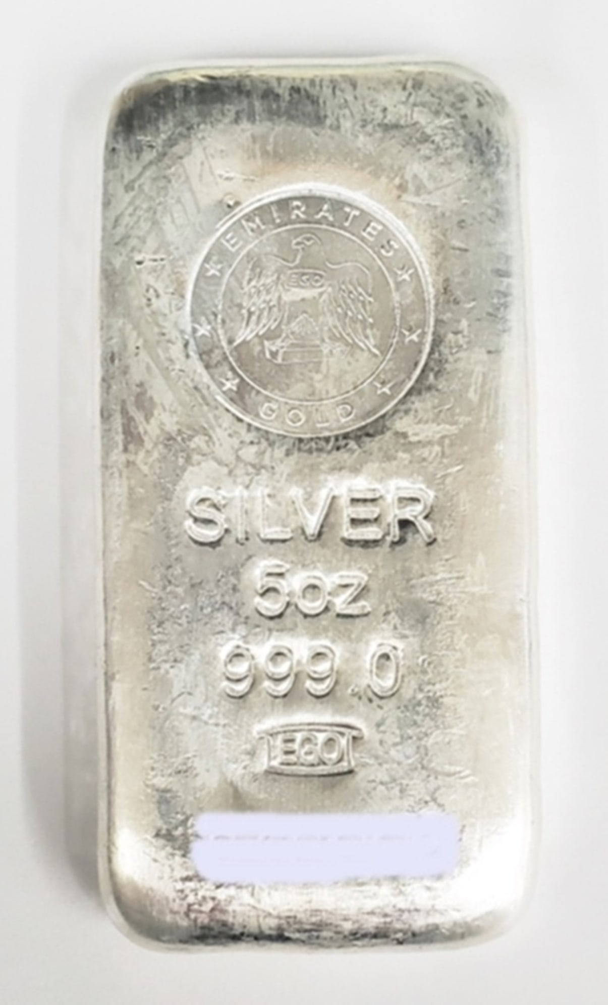 5 OZ SILVER BAR: .999 PURE SILVER. ESTIMATE: $125-$175
