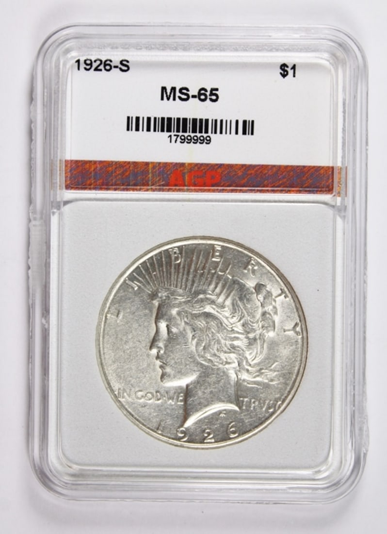 1926-S PEACE SILVER DOLLAR: AGP MS 65. SUPERB GEM! BLAST WHITE! ESTIMATE: $600-$700