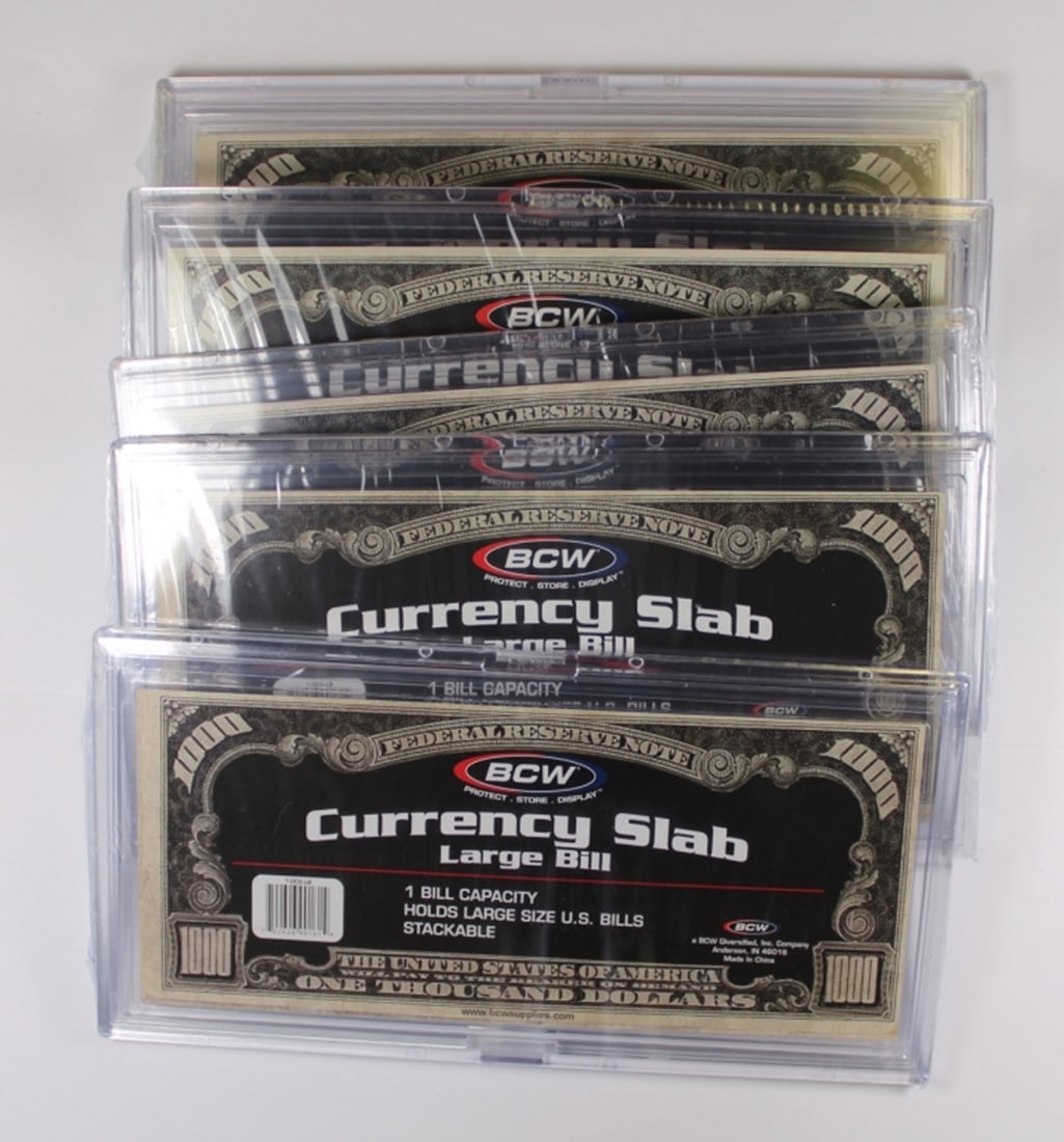 (5) LARGE PLASTIC CURRENCY SLABS: HOLDS LARGE SIZE U.S. BIOLLS. STACKABLE. 8" X 4". ESTIMATE: $50-$75