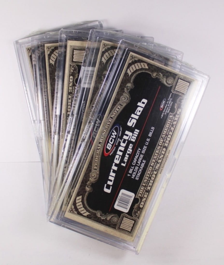 (5) DELUXE CURRENCY SLABS: STACKABLE. 8" X 4". HOLDS REGULAR SIZE AND LARGE BILLS. 1 BILL CAPACITY EACH SLAB. ESTIMATE: $75-$100