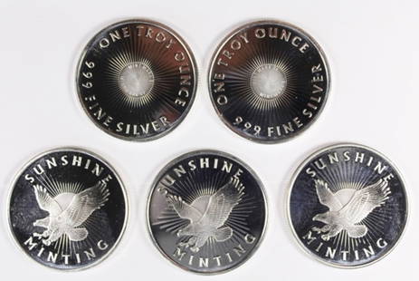 (5) 1 OZ SILVER ROUNDS: .999 PURE SILVER. ESTIMATE: $150-$200