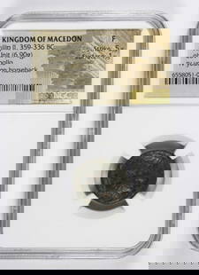 KINGDOM OF MACEDON ANCIENT COIN: PHILIP II, 359-336 BC. AE UNIT. OBVERSE APOLLO REVERSE YOUTH ON HORSEBACK. NGC FINE. ESTIMATE: $100-$150