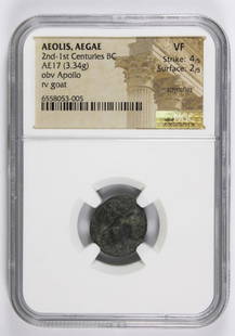 AEOLIS AEGAE ANCIENT COIN: NGC GRADED VF. 2ND 1ST CENTURIES BC. AE 17, OBVERSE APOLLO REVERSE GOAT. ESTIMATE: $100-$150
