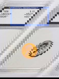 1936 LINCOLN CENT: IGS GRADED MS 67 RED. ESTIMATE: $100-$150