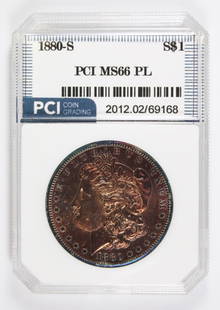 1880-S MORGAN SILVER DOLLAR: PCI MS 66 PROOF LIKE. ESTIMATE: $200-$250