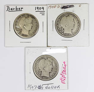 (3) BARBER HALF DOLLARS: 1908-D, 1907-D AND 1909. ESTIMATE: $50-$75