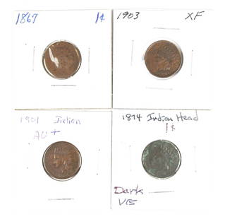 (4) INDIAN HEAD CENTS: 1867 GOOD, 1874 DARK VG, 1901 AU+ AND 1903 XF. ESTIMATE: $75-$100